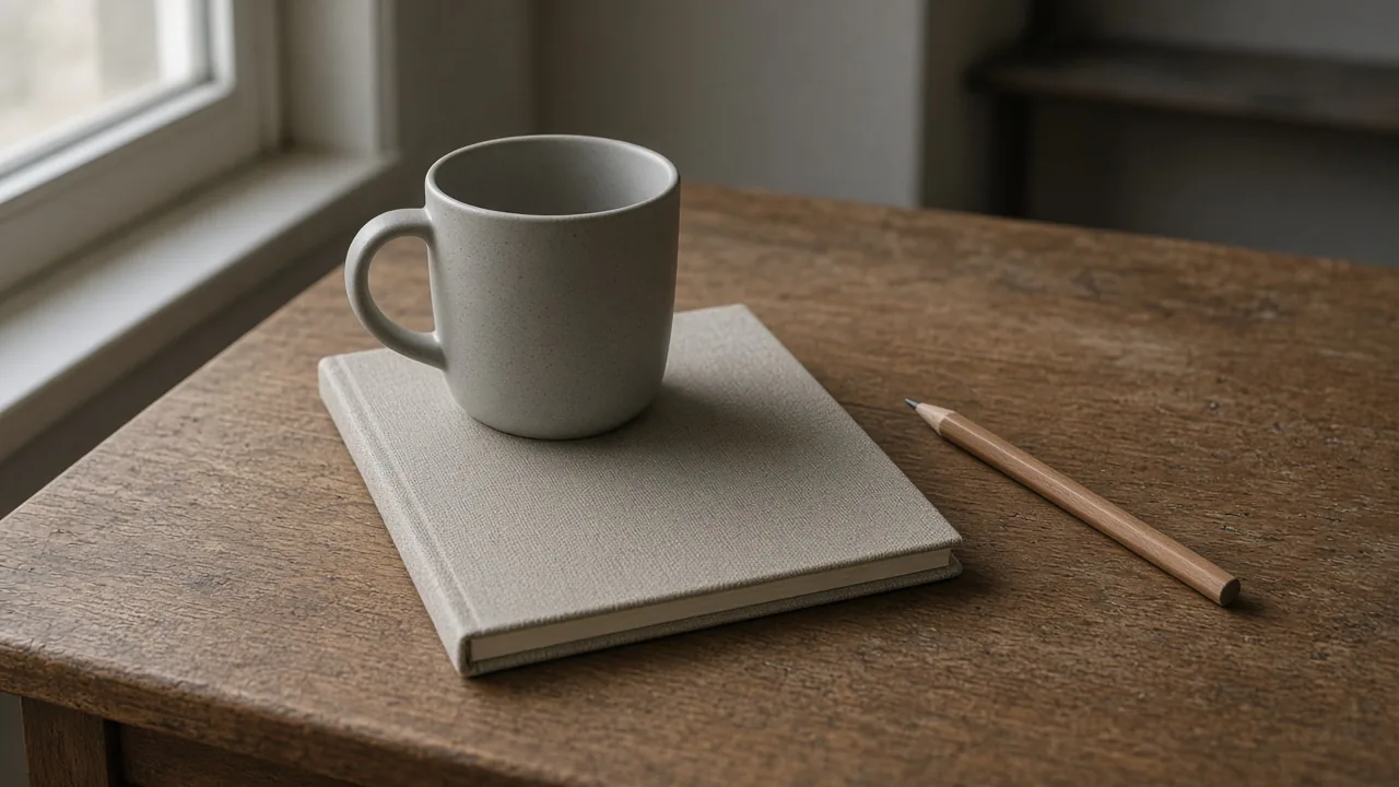 A gray mug rests on a closed notebook, with a wooden pencil on the desk beside a window.