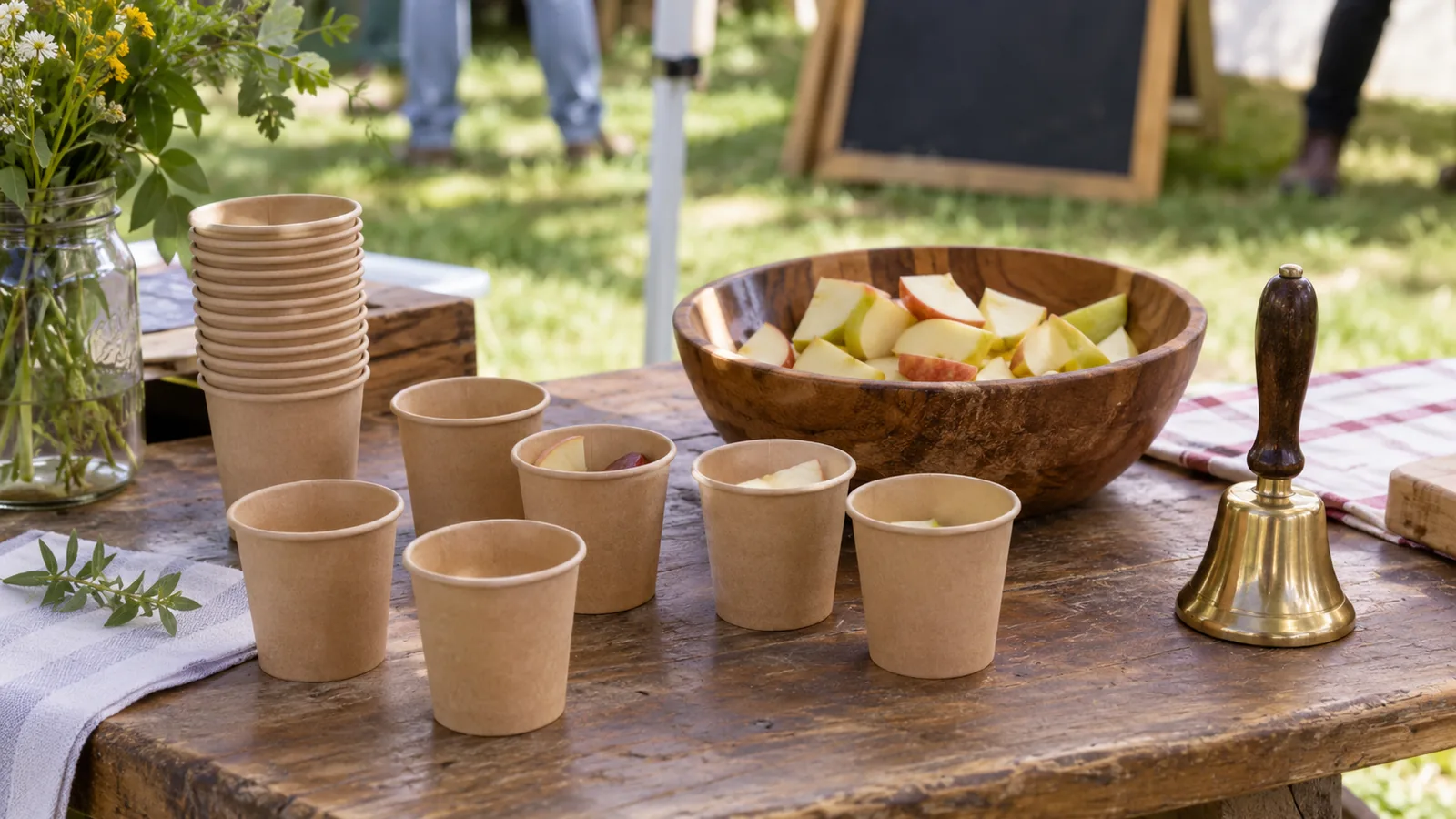 A small outdoor festival tasting stand table with paper cups, a bowl of sliced fruit and a small hand bell, daylight.