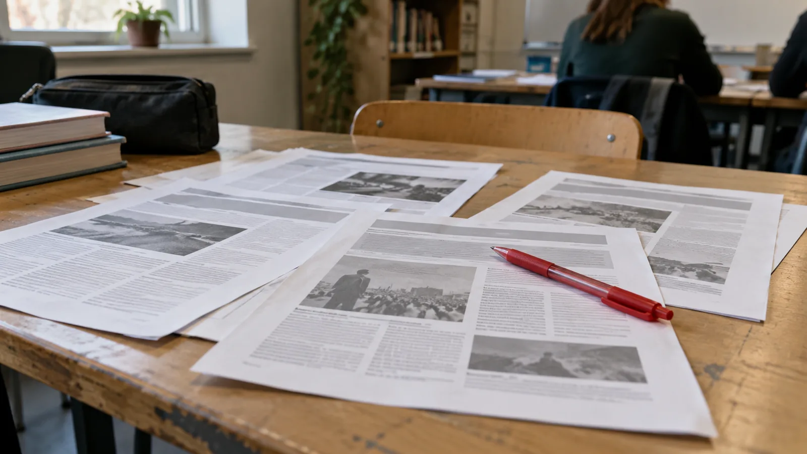 Printed news-style sheets whose headlines are illegible gray blocks, with a red pen lying across them on a classroom table.
