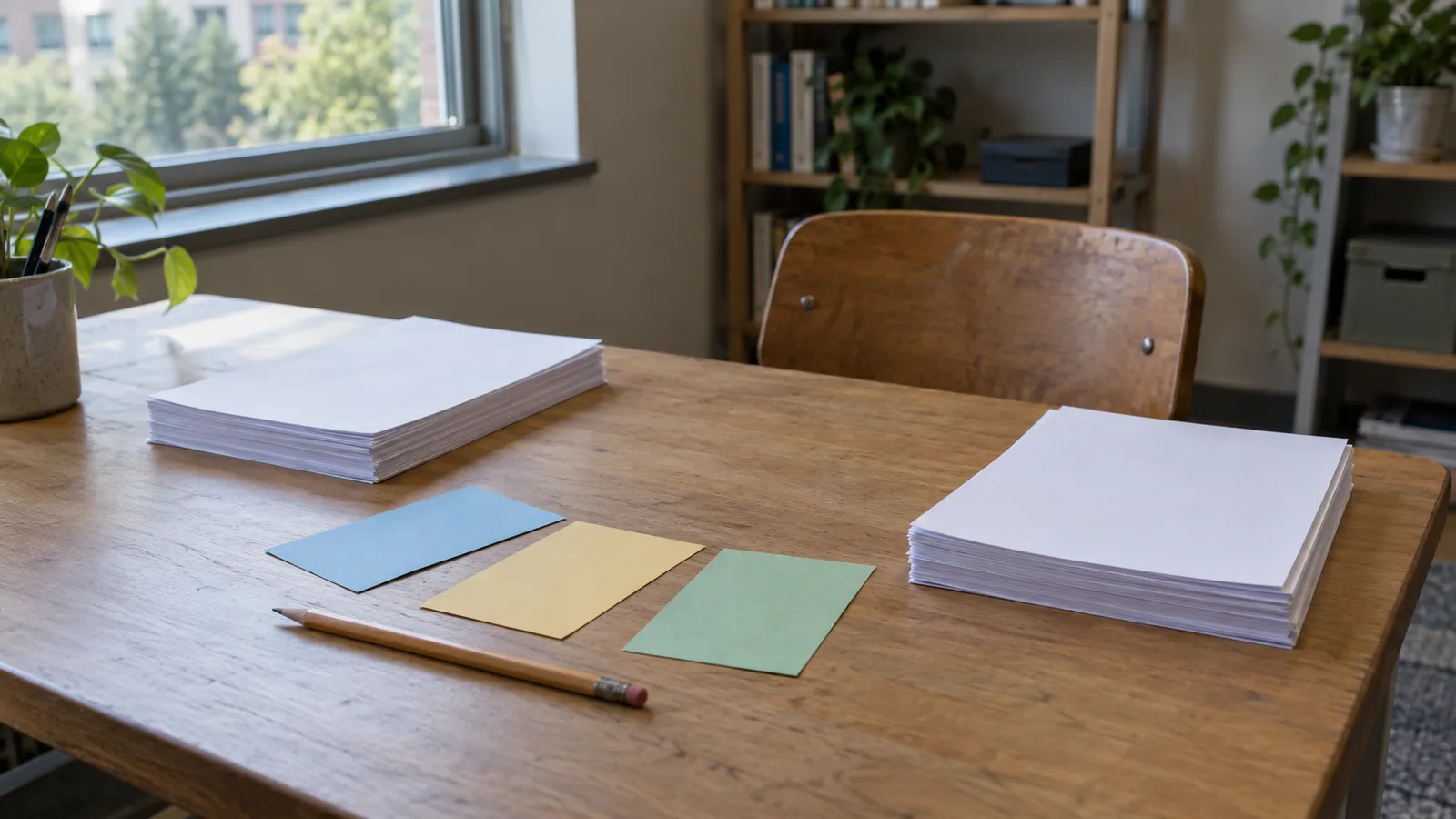 Blank task sheets, colored index cards and a pencil on a study-room desk beside an empty chair.