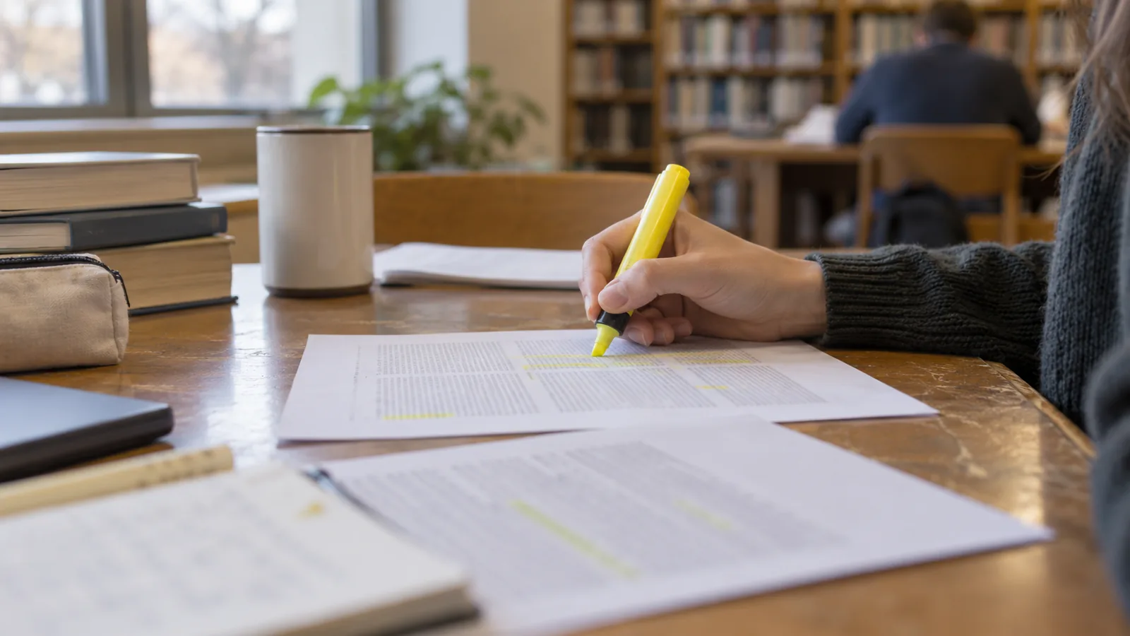A hand with a yellow highlighter over printed journal article pages on a library desk.