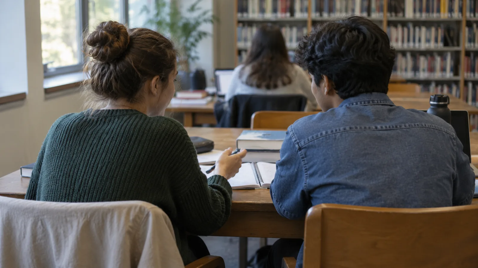 Two students seen from behind talking at a library table with open notebooks.