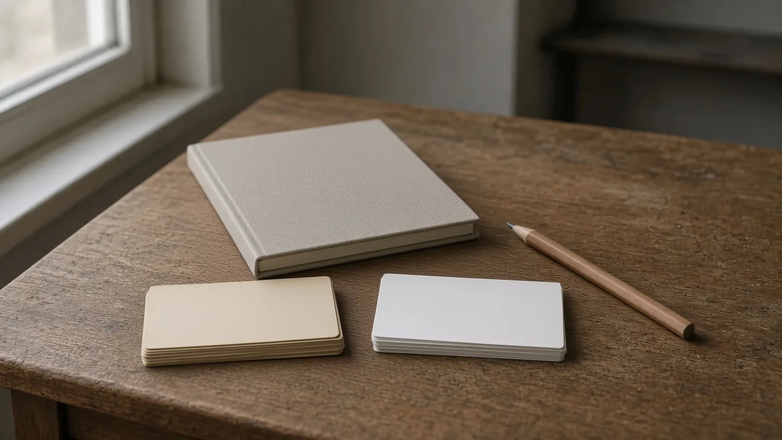 A tan stack of blank cards and a white stack of blank cards sit on a wooden desk, with a closed notebook and a pencil.