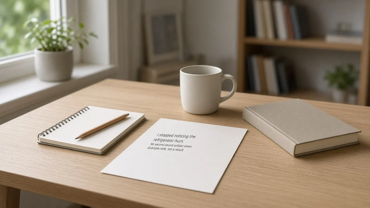 Illustration of a quiet desk with an example note that a refrigerator hum was no longer noticed.