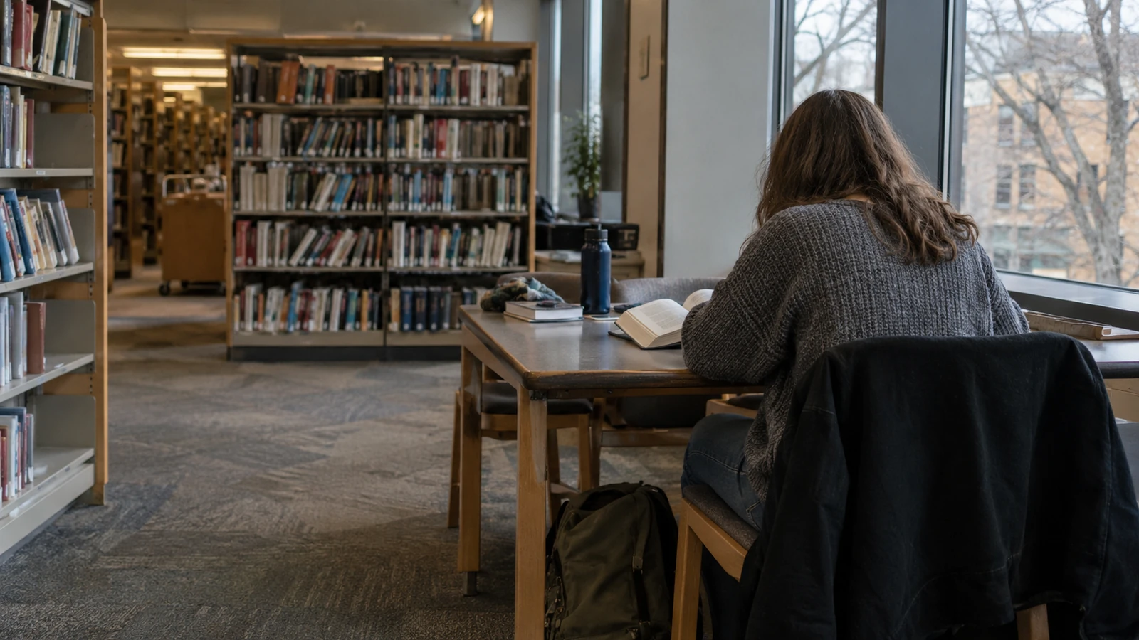 A reader studying an open book at a library table beside a window.